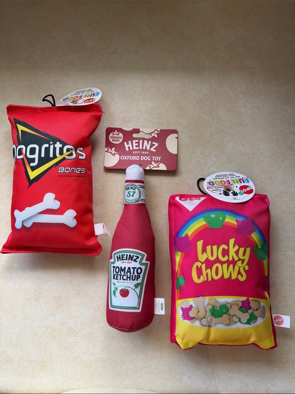 Fun Food Themed Plush Dog Toy Bundle with Heinz Ketchup, Doritos, & Lucky Charms